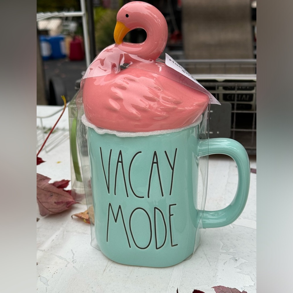 Rae Dunn Vacay Mode mug with flamingo topper